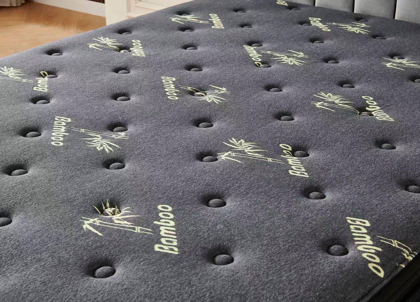Grey velvet Channel Bed Frame + Charcoal 20cm Bamboo Mattress