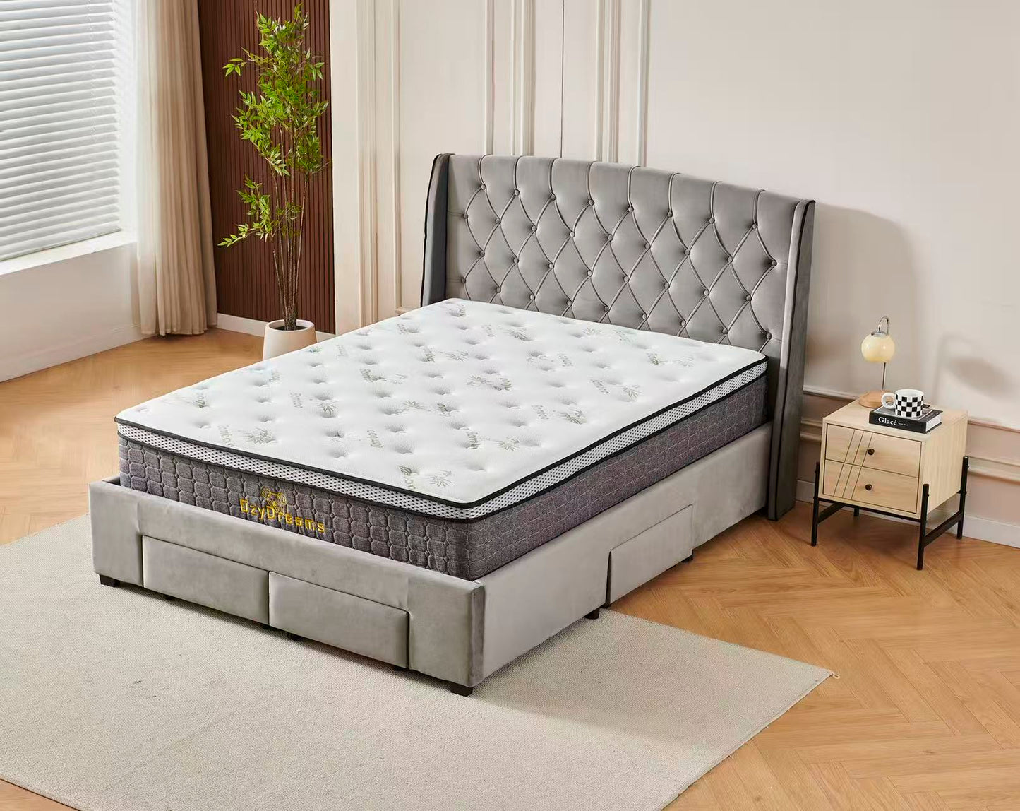 Tufted Bed Frame Dark Grey (4 Drawers) + 30cm Pillow Top Bamboo Mattress