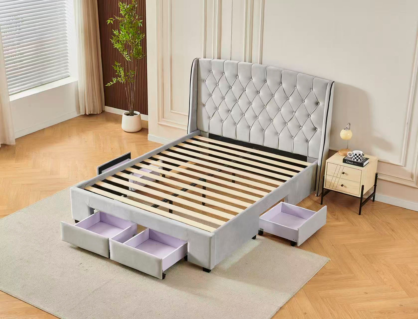 Tufted Bed Frame With Drawers Light Grey
