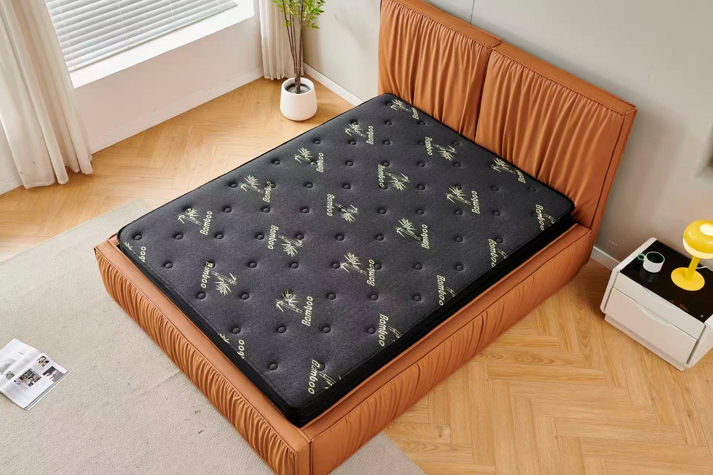 Orange Tiffany upholstered Pleat bed + Charcoal 20cm bamboo mattress