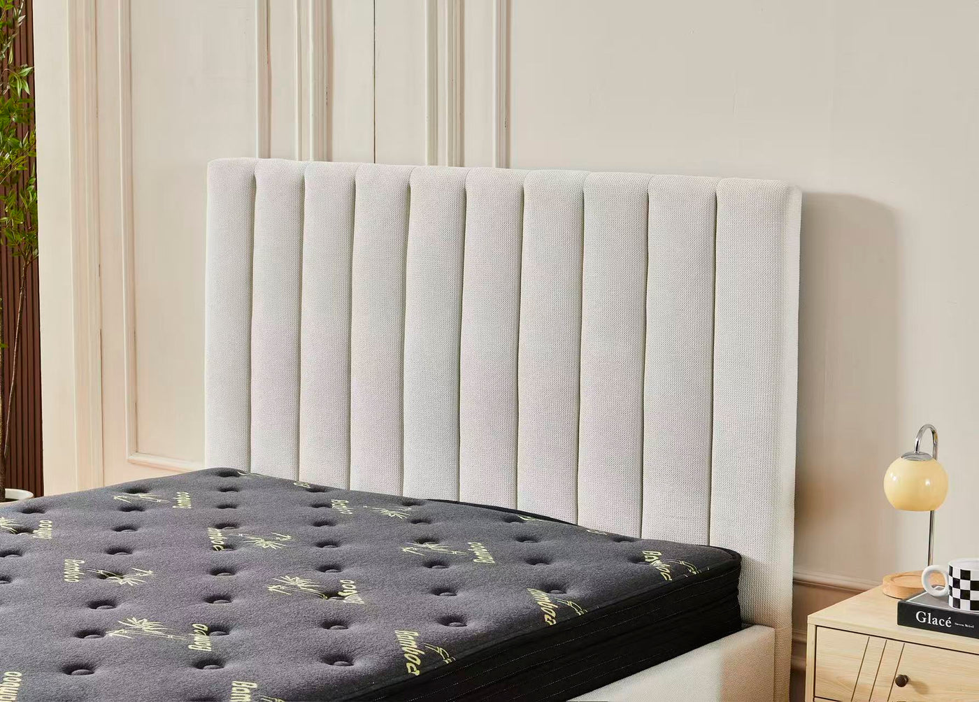 Beige Channel Bed Frame + Charcoal 20cm Bamboo Mattress