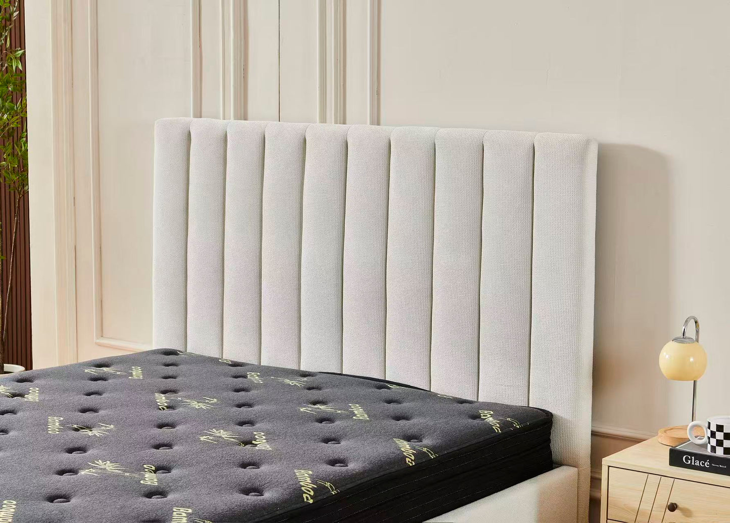 Beige Channel Bed Frame + Charcoal 20cm Bamboo Mattress (Queen Size)