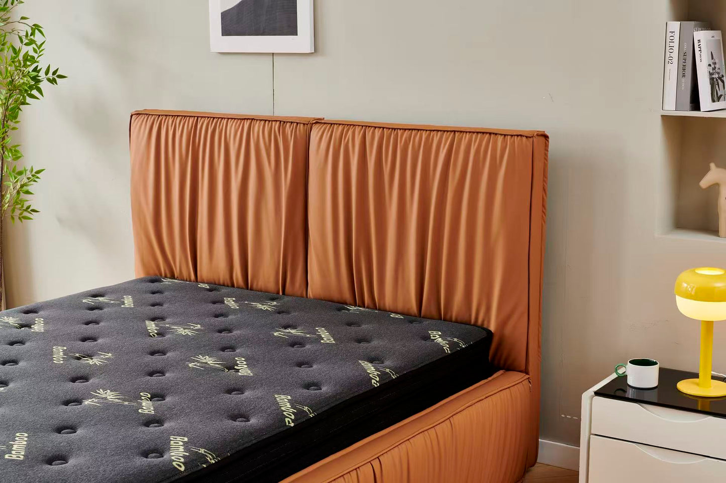 Orange Tiffany upholstered Pleat bed + Charcoal 20cm bamboo mattress