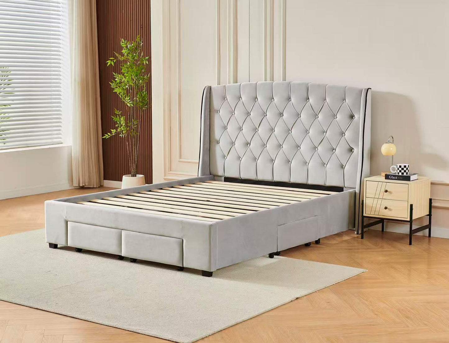 Tufted Bed Frame With Drawers Light Grey