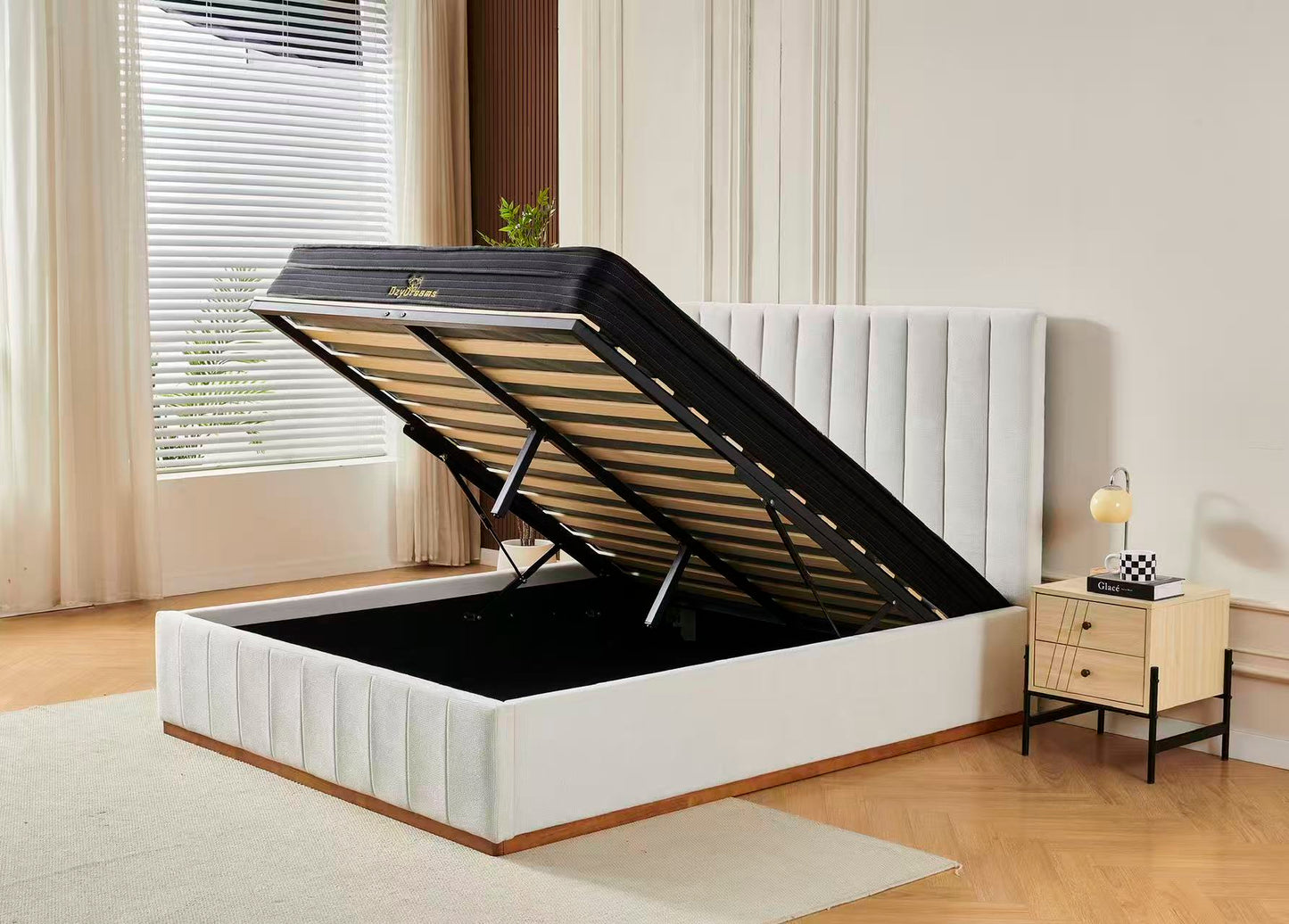 Beige Channel Bed Frame + Charcoal 20cm Bamboo Mattress (Queen Size)