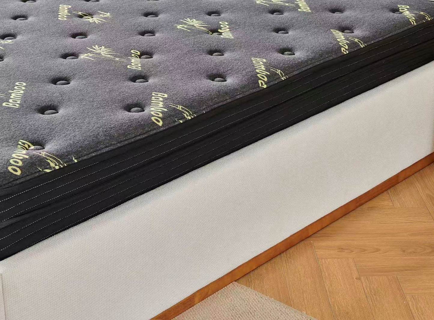Beige Channel Bed Frame + Charcoal 20cm Bamboo Mattress (Queen Size)