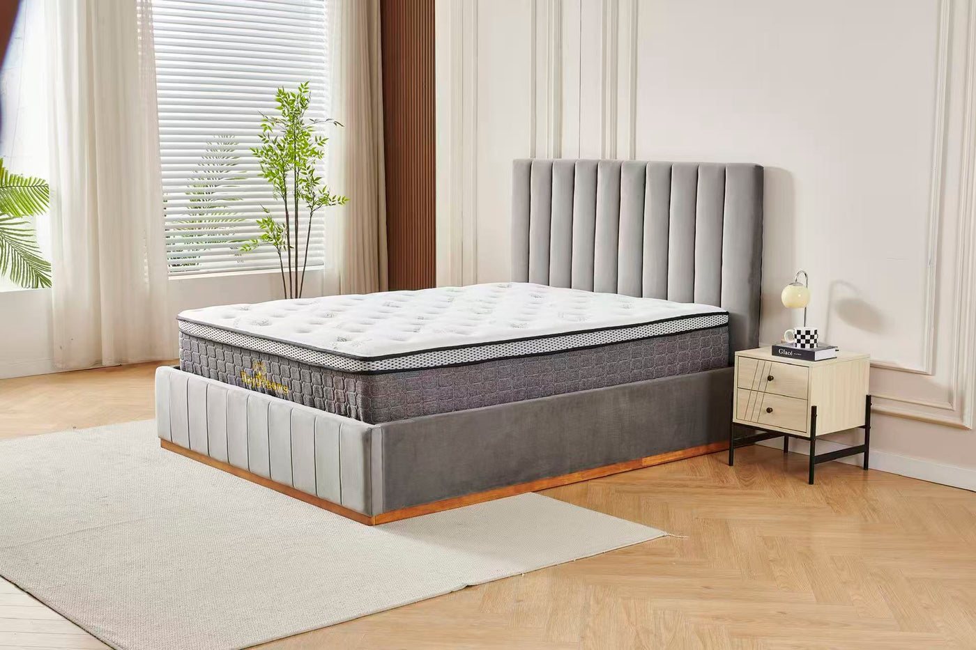 Grey Velvet Channel Bed Frame + White 30cm Pillow Top Bamboo Mattress