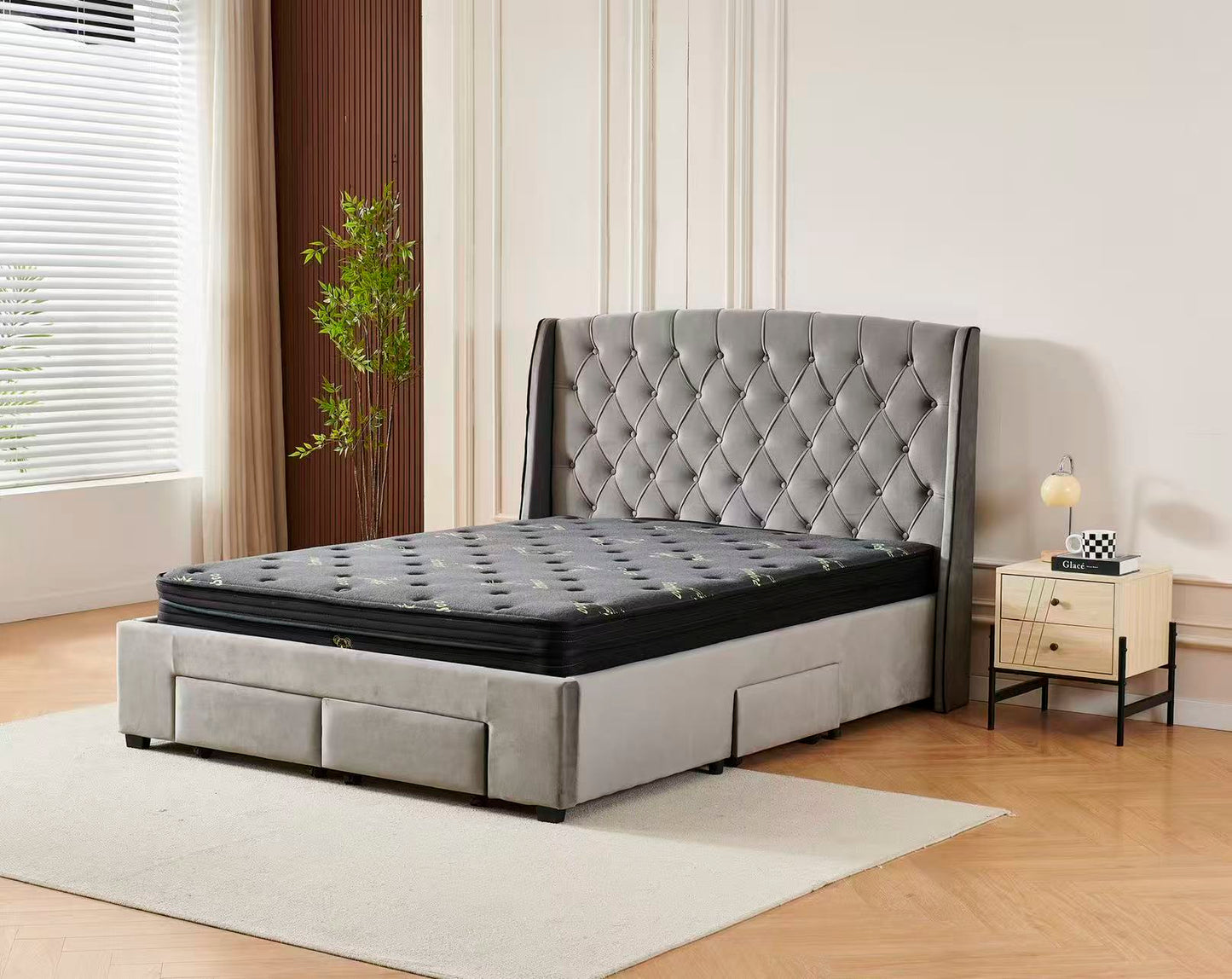 Tufted Bed Frame Dark Grey (4 Drawers) + Charcoal 20cm Bamboo Mattress