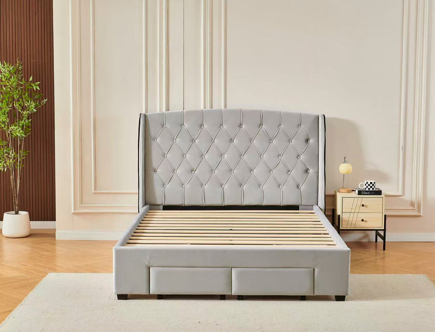 Tufted Bed Frame With Drawers Light Grey