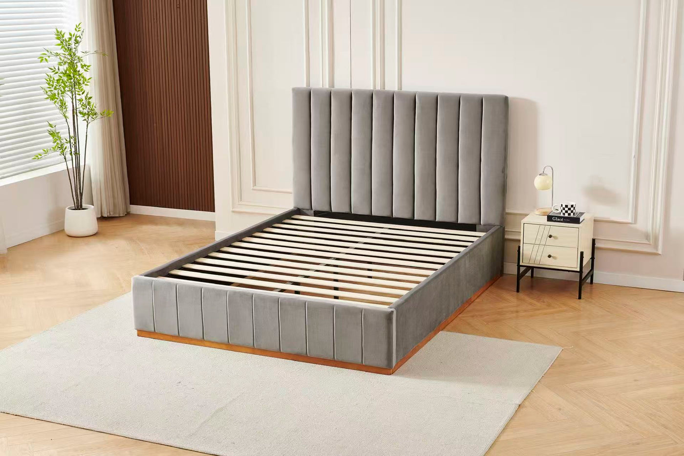 Grey Channel Tufted Velvet Bed Frame