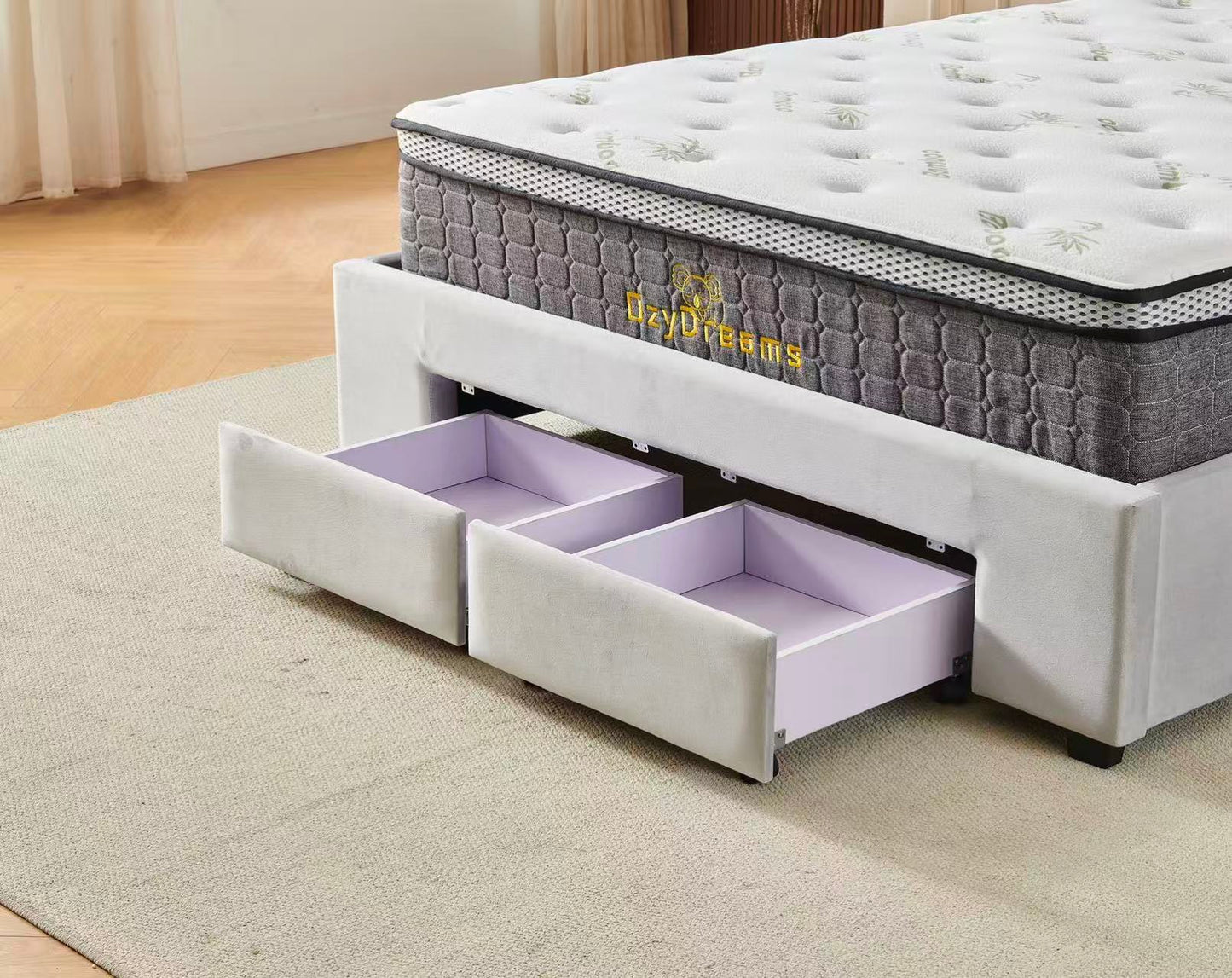 Tufted Bed Frame Light Grey (4 Drawers) + 30cm Pillow Top Bamboo Mattress