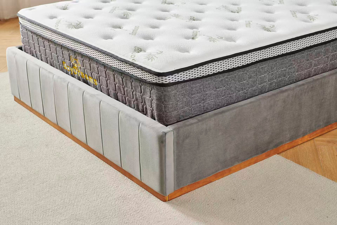 Grey Velvet Channel Bed Frame + White 30cm Pillow Top Bamboo Mattress