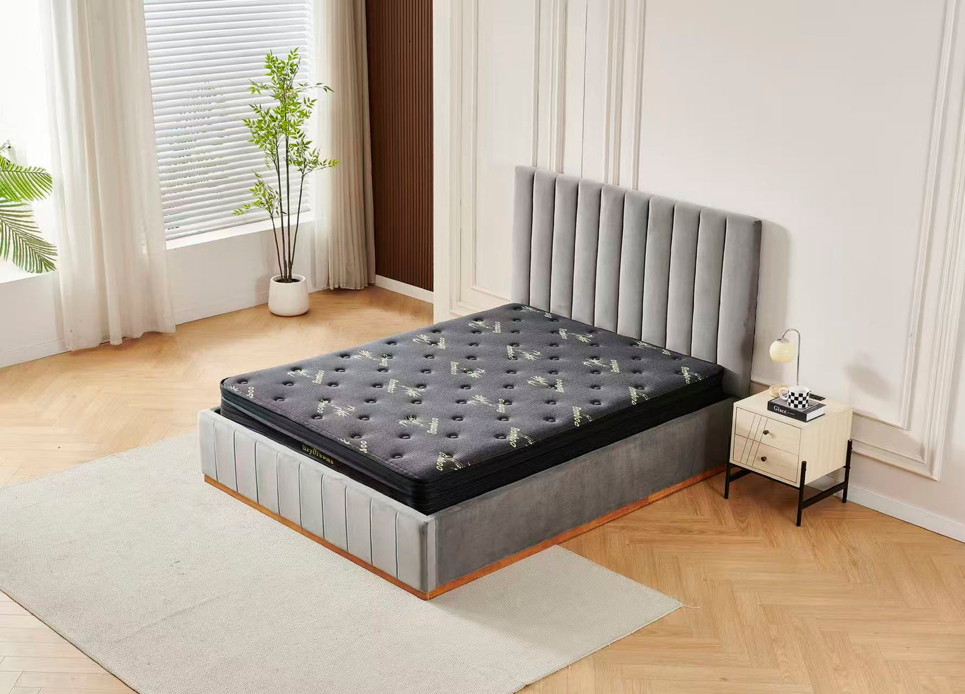 Grey velvet Channel Bed Frame + Charcoal 20cm Bamboo Mattress