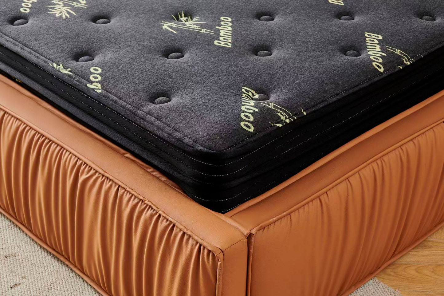 Orange Tiffany upholstered Pleat bed + Charcoal 20cm bamboo mattress