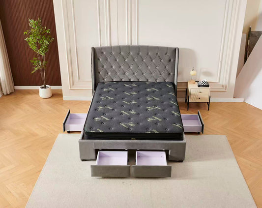 Tufted Bed Frame Dark Grey (4 Drawers) + Charcoal 20cm Bamboo Mattress