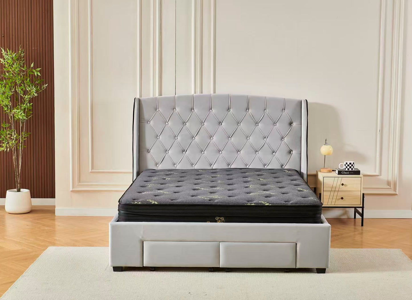 Tufted Bed Frame Light Grey (4 Drawers) + Charcoal 20cm Bamboo Mattress