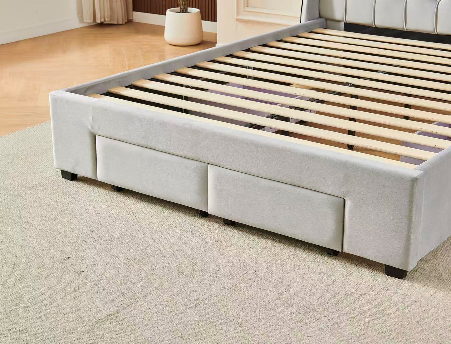 Tufted Bed Frame With Drawers Light Grey