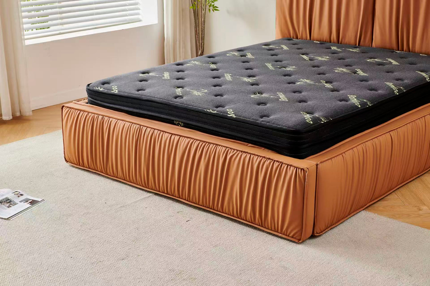Orange Tiffany upholstered Pleat bed + Charcoal 20cm bamboo mattress