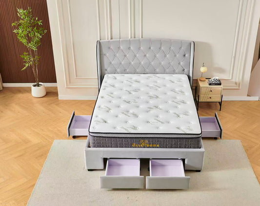Tufted Bed Frame Light Grey (4 Drawers) + 30cm Pillow Top Bamboo Mattress