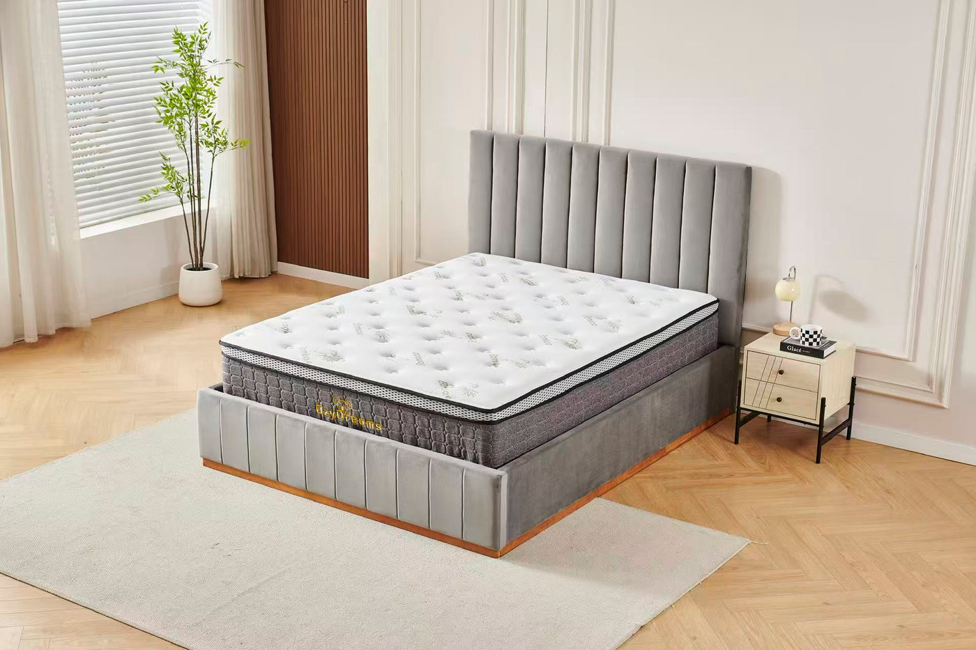 Grey Velvet Channel Bed Frame + White 30cm Pillow Top Bamboo Mattress