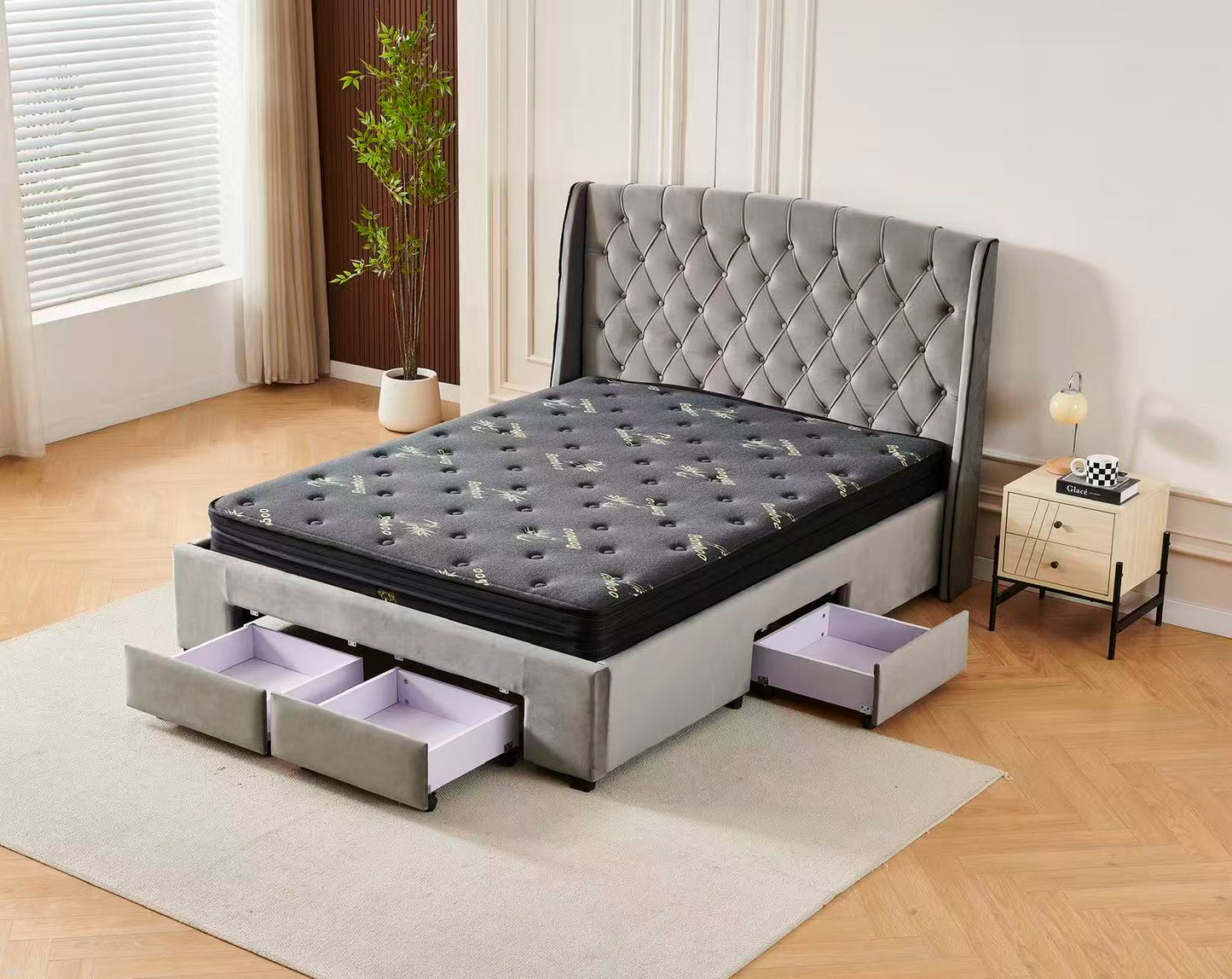 Tufted Bed Frame Dark Grey (4 Drawers) + Charcoal 20cm Bamboo Mattress