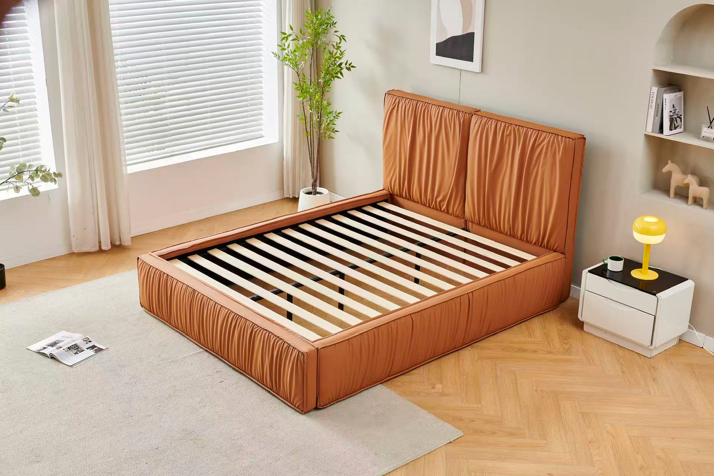 Orange Tiffany Upholstered  Pleat Bed Frame