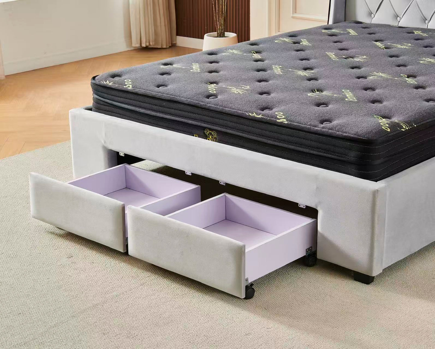 Tufted Bed Frame Light Grey (4 Drawers) + Charcoal 20cm Bamboo Mattress