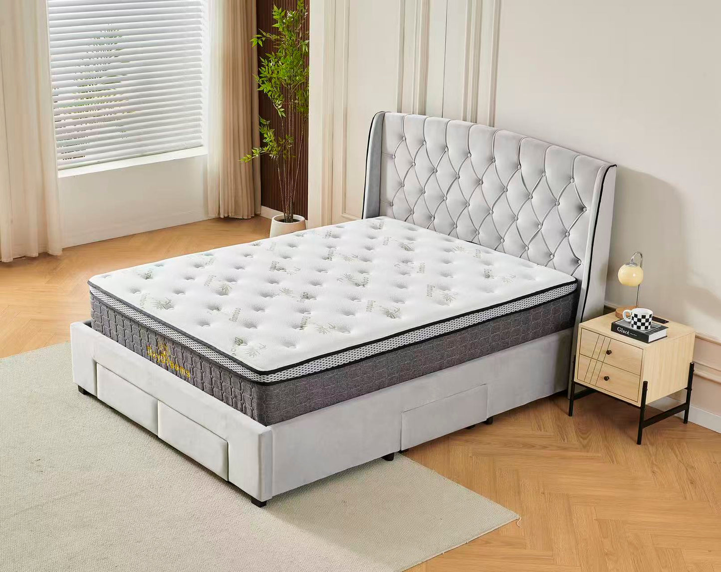 Tufted Bed Frame Light Grey (4 Drawers) + 30cm Pillow Top Bamboo Mattress
