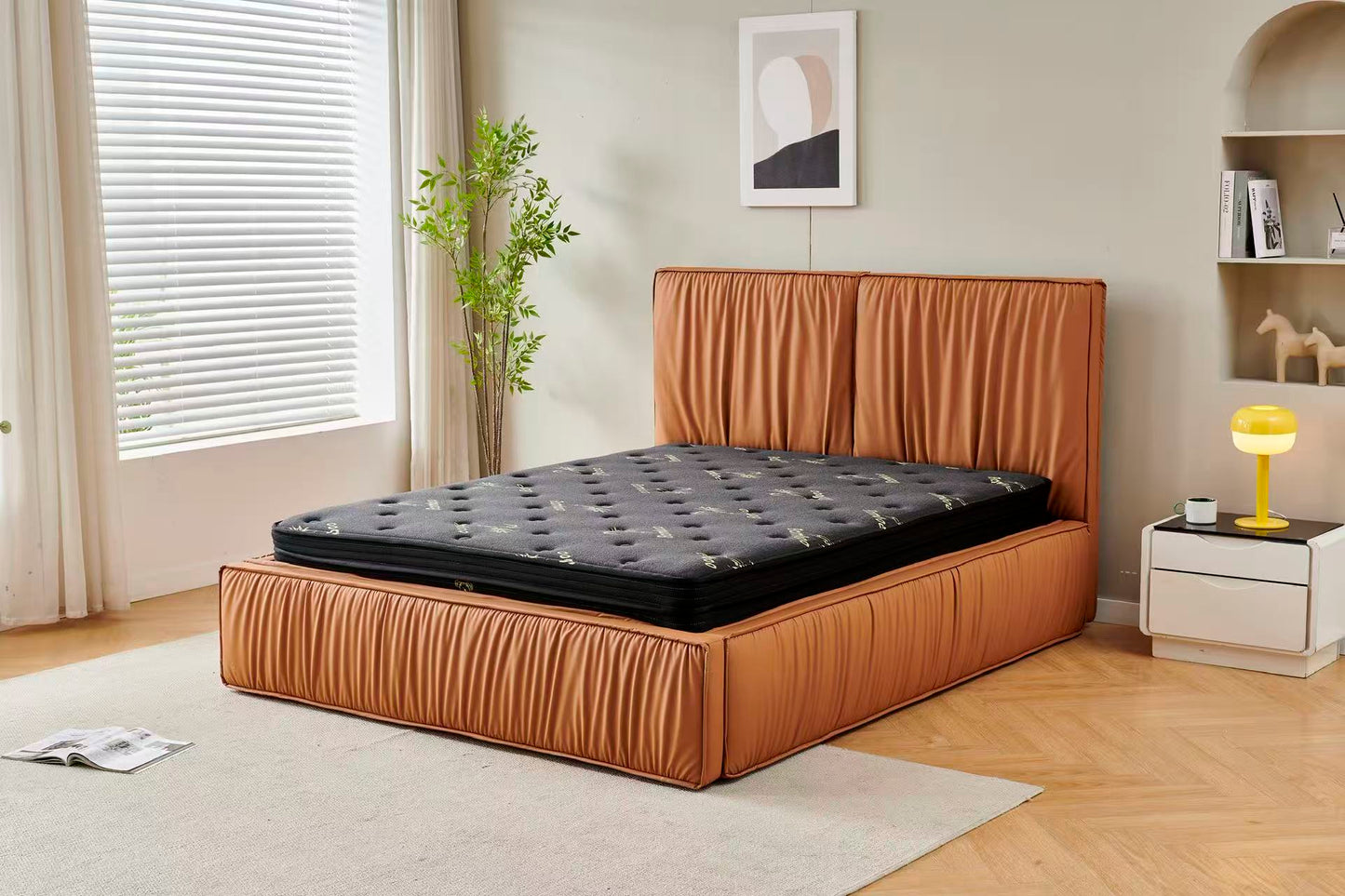 Orange Tiffany upholstered Pleat bed + Charcoal 20cm bamboo mattress