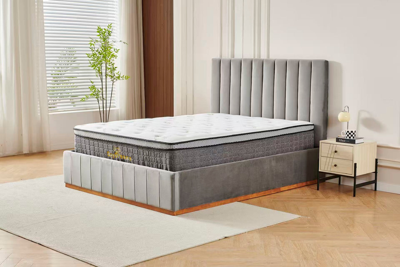 Grey Velvet Channel Bed Frame + White 30cm Pillow Top Bamboo Mattress
