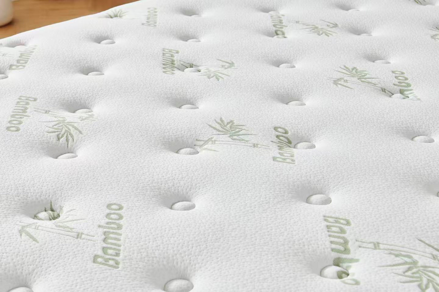 Grey Velvet Channel Bed Frame + White 30cm Pillow Top Bamboo Mattress