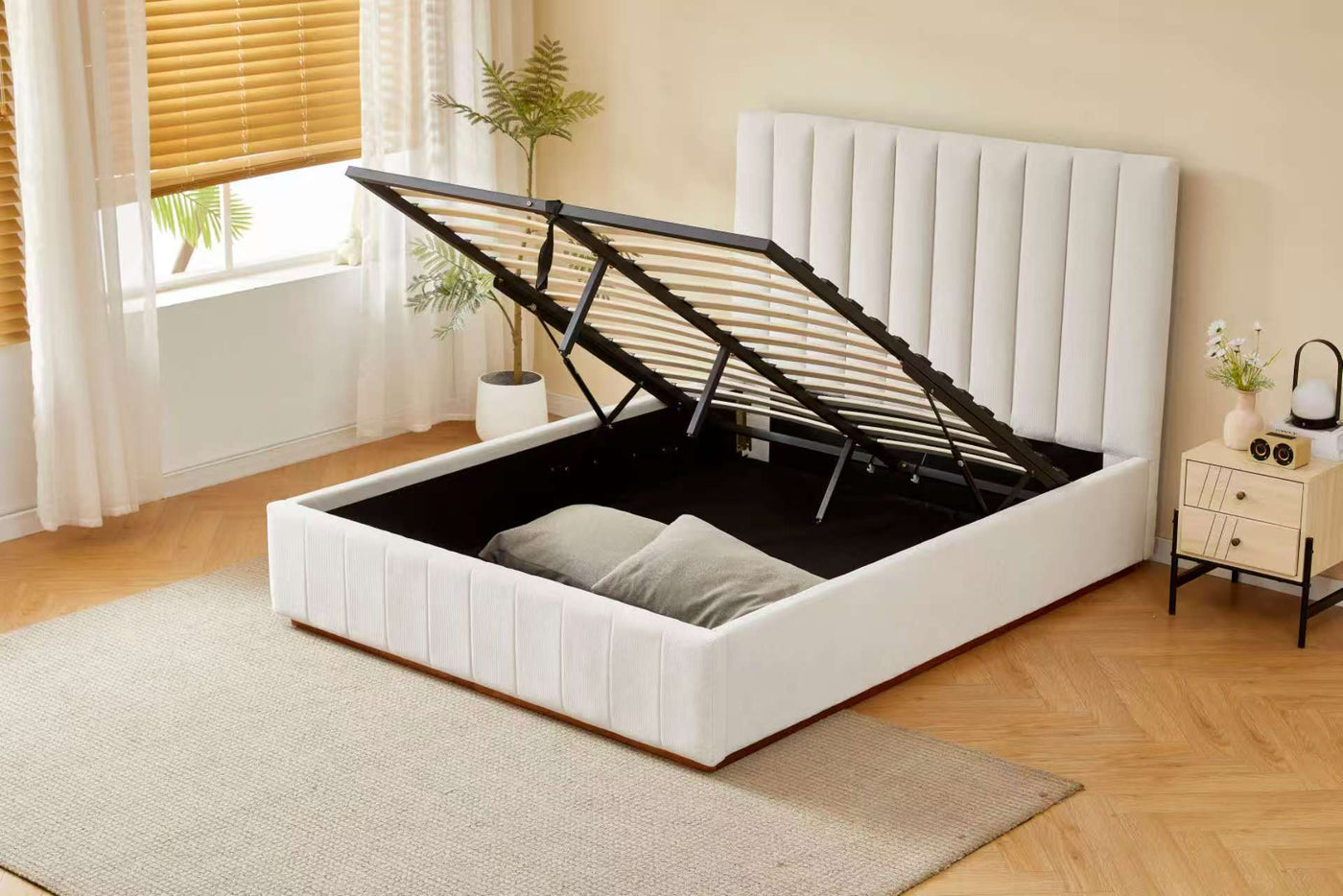 Gas Lift Beige Channel Bed Frame + 20cm Bamboo Mattress