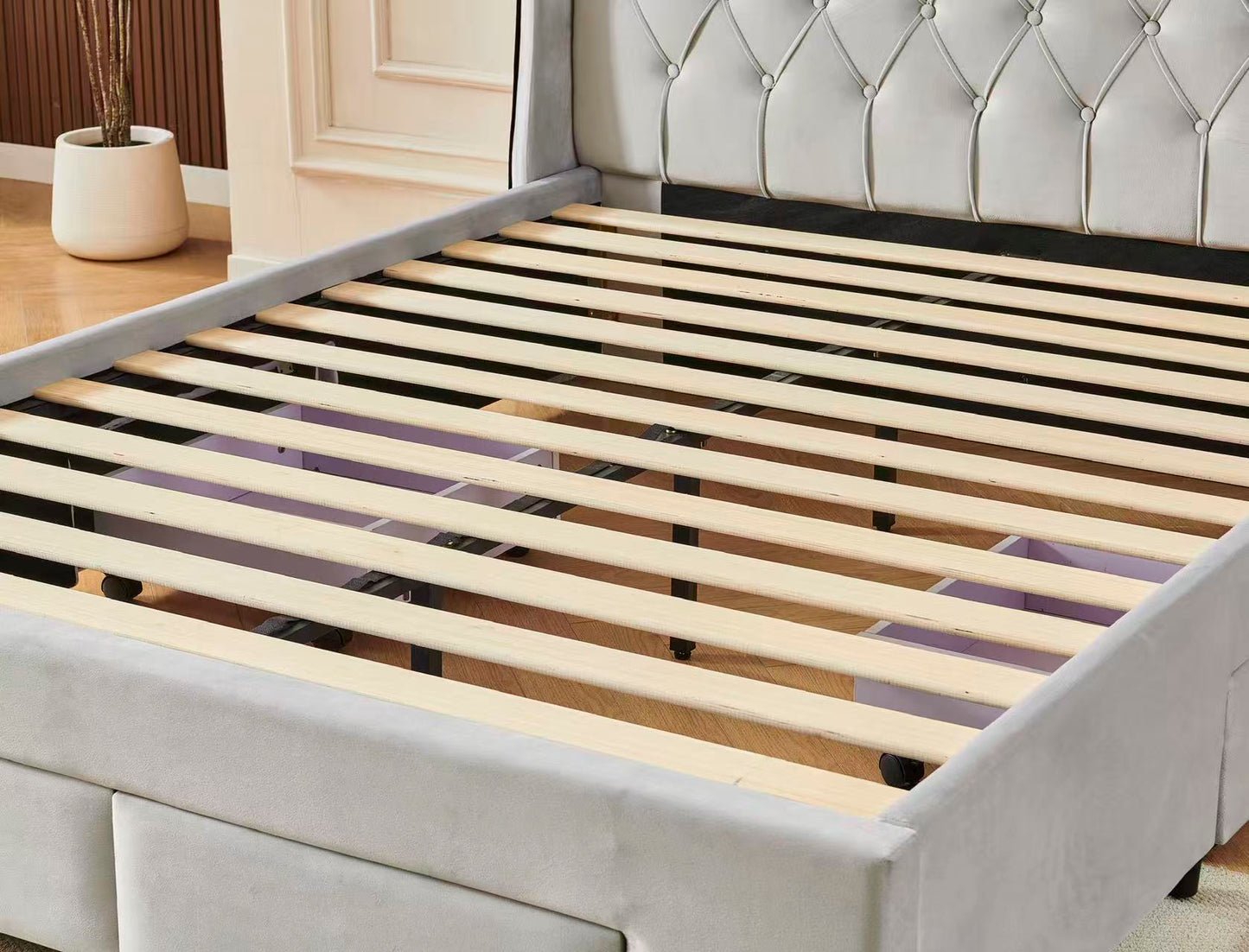 Tufted Bed Frame With Drawers Light Grey