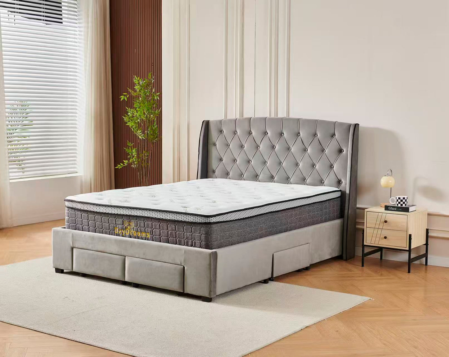 Tufted Bed Frame Dark Grey (4 Drawers) + 30cm Pillow Top Bamboo Mattress