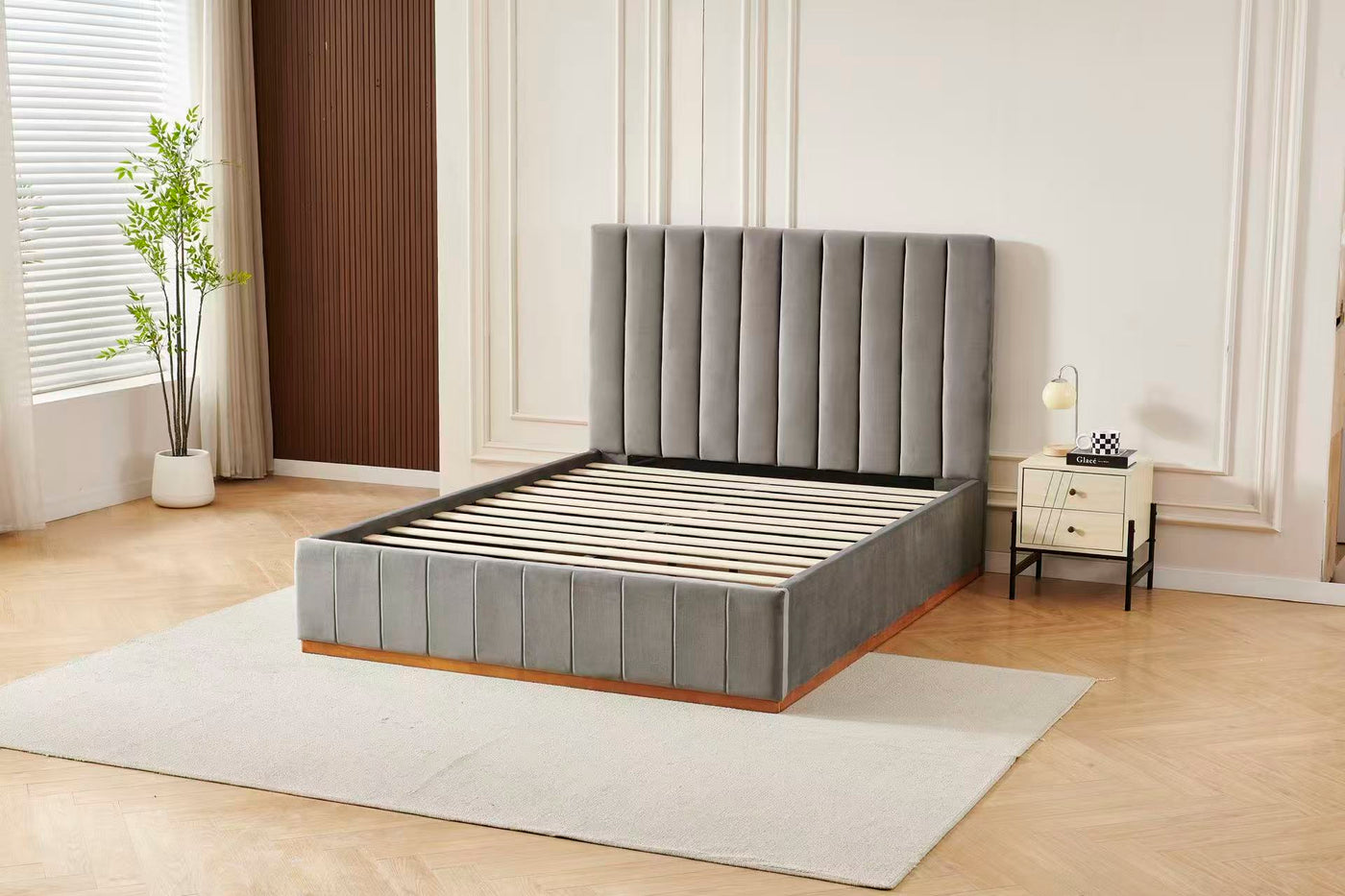 Grey Channel Tufted Velvet Bed Frame