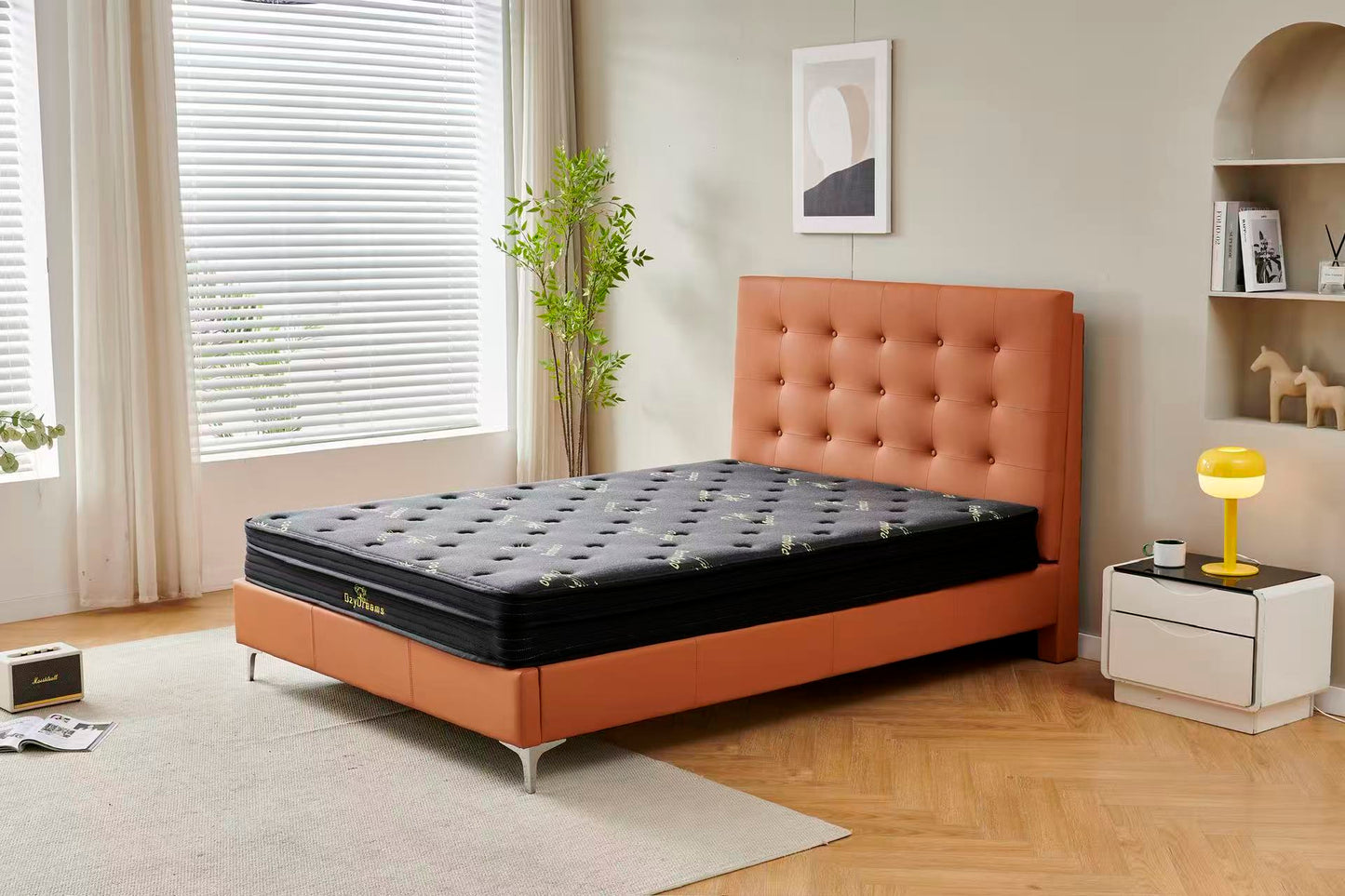 Orange Tiffany upholstered bed + Charcoal 20cm bamboo mattress
