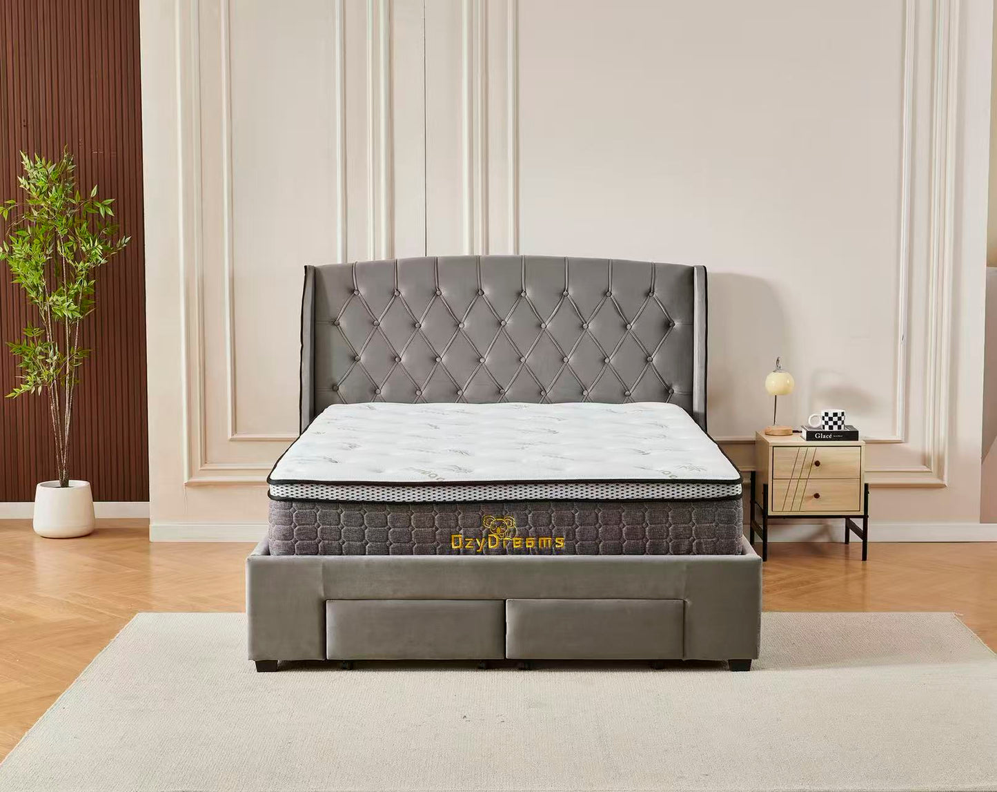 Tufted Bed Frame Dark Grey (4 Drawers) + 30cm Pillow Top Bamboo Mattress