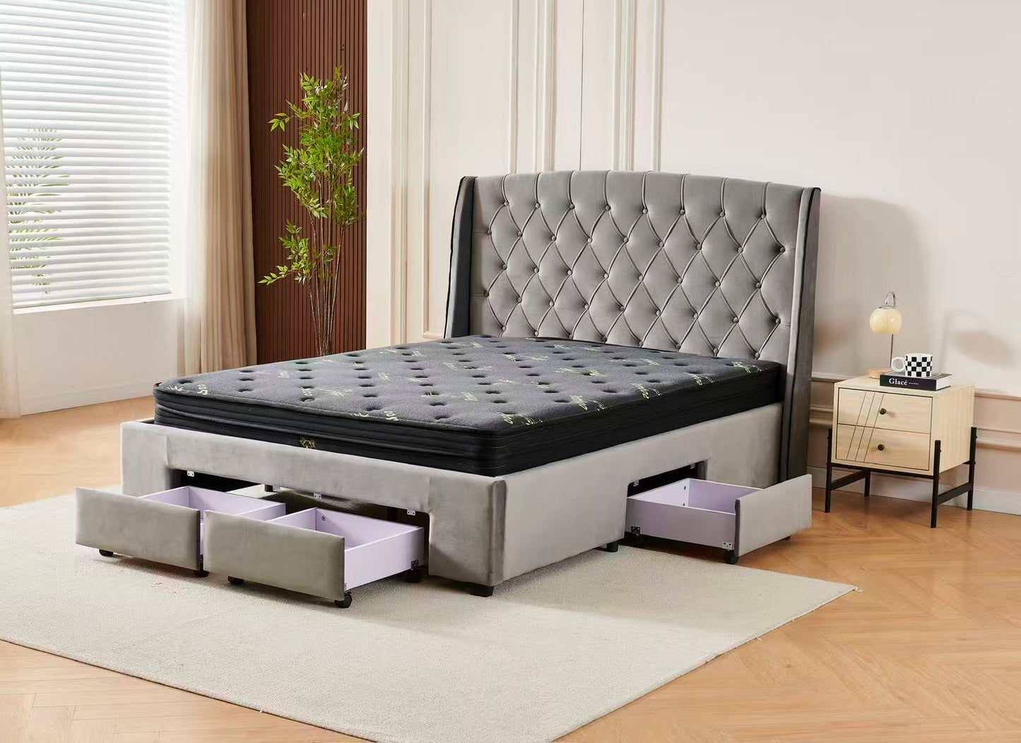 Tufted Bed Frame Dark Grey (4 Drawers) + Charcoal 20cm Bamboo Mattress