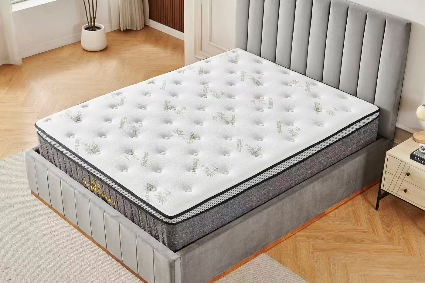 Grey Velvet Channel Bed Frame + White 30cm Pillow Top Bamboo Mattress