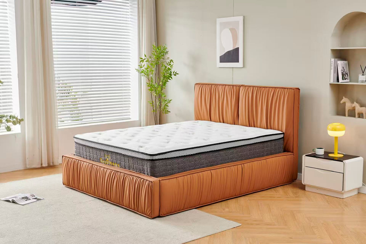 Luxury Leather Ruched Bed with 30cm Bamboo Pillow Top Mattress