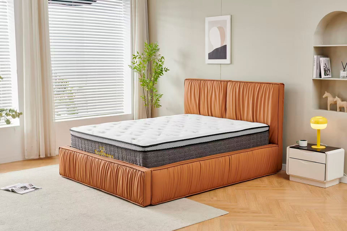 Orange Tiffany upholstered Pleat bed + White 30cm pillow top bamboo mattress