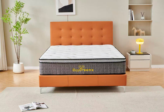 Orange Tiffany upholstered bed + White 30cm pillow top bamboo mattress