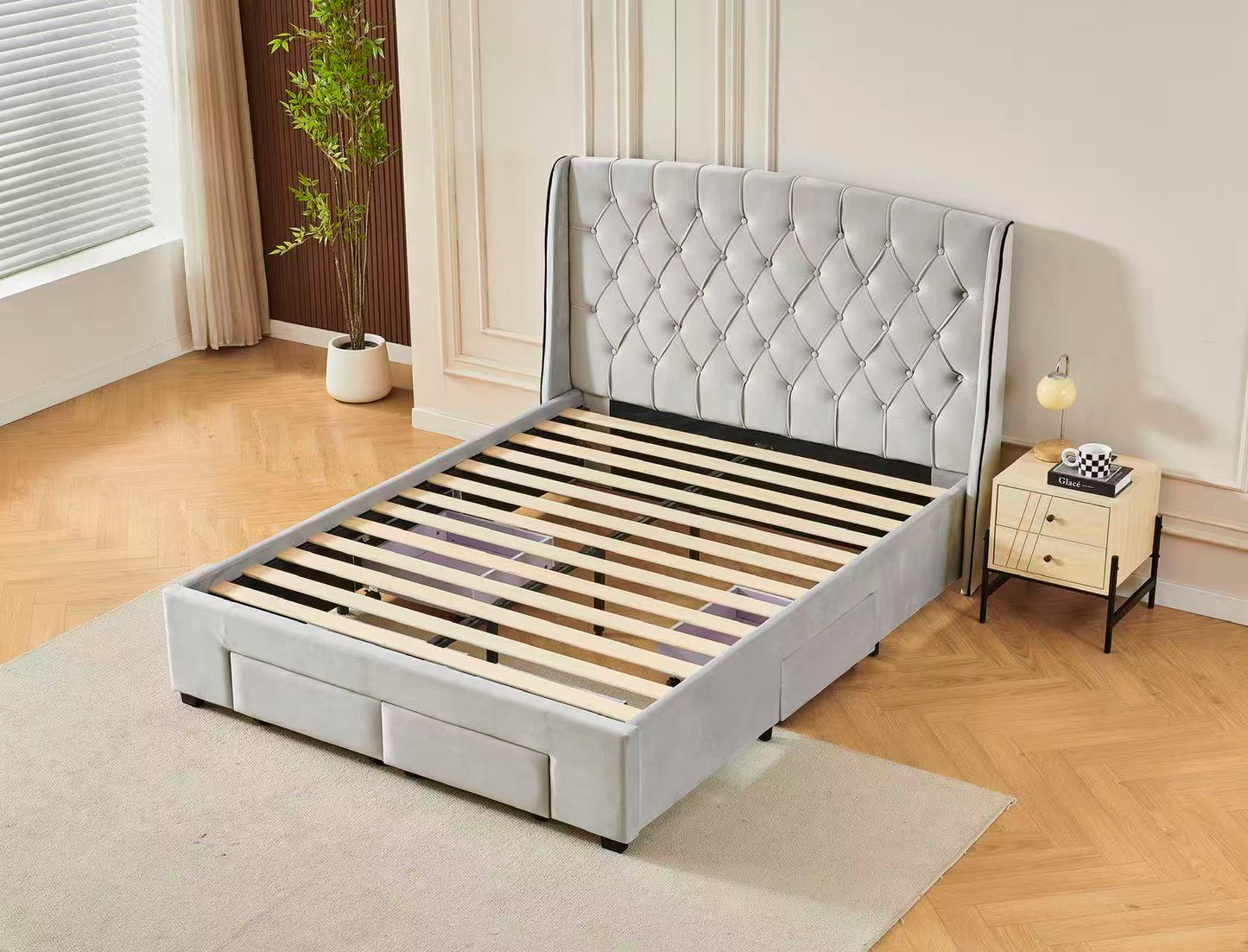 Tufted Bed Frame With Drawers Light Grey