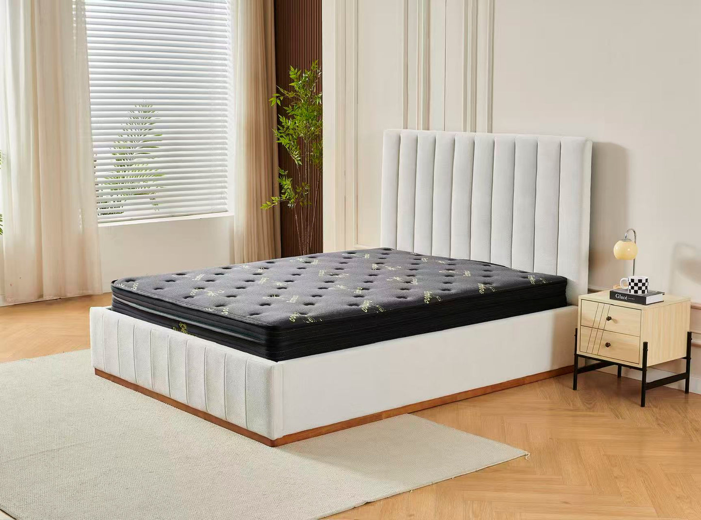 Beige Channel Bed Frame + Charcoal 20cm Bamboo Mattress (Queen Size)