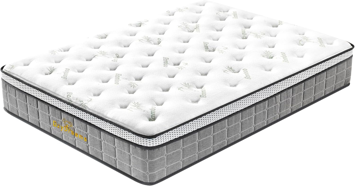 Gas Lift Beige Channel Bed Frame + 30cm Pillow Top Bamboo Mattress