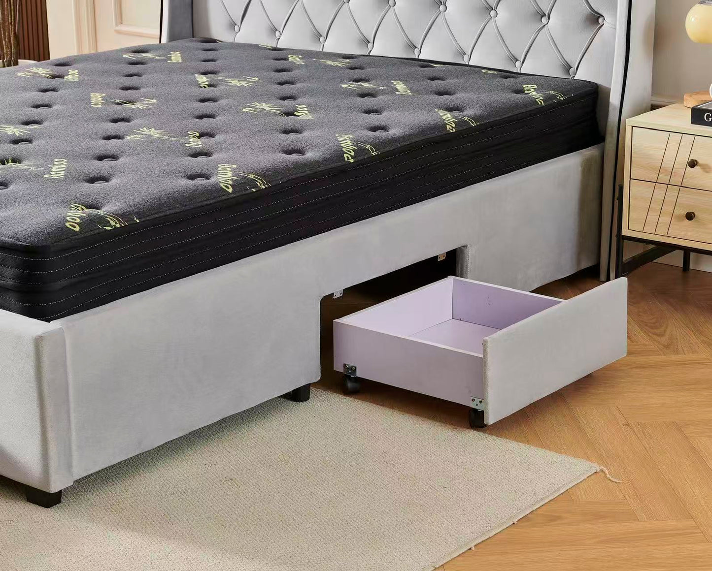 Tufted Bed Frame Light Grey (4 Drawers) + Charcoal 20cm Bamboo Mattress