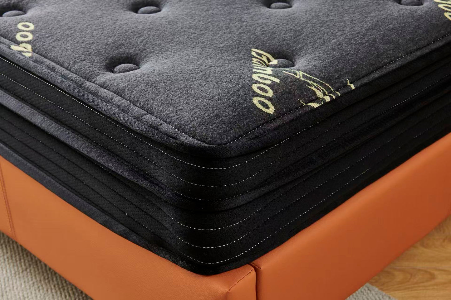 Orange Tiffany upholstered bed + Charcoal 20cm bamboo mattress
