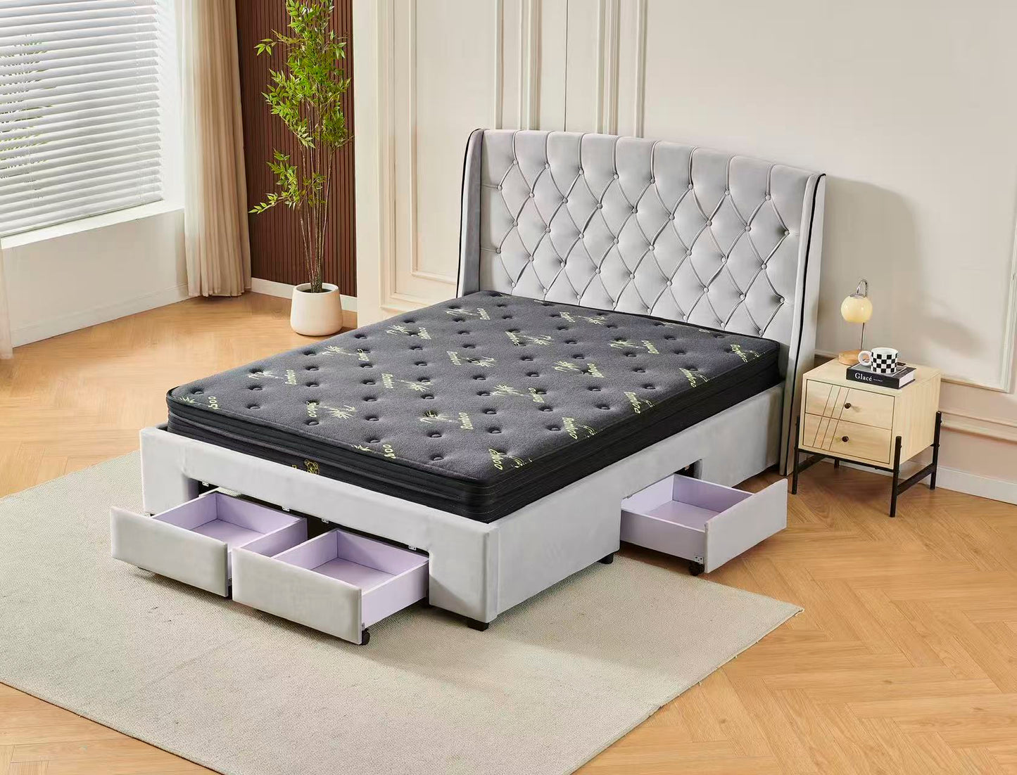 Tufted Bed Frame Light Grey (4 Drawers) + Charcoal 20cm Bamboo Mattress