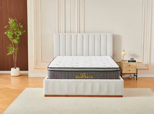 Beige Channel Bed Frame + White 30cm Pillow Top Bamboo Mattress (Queen Size)