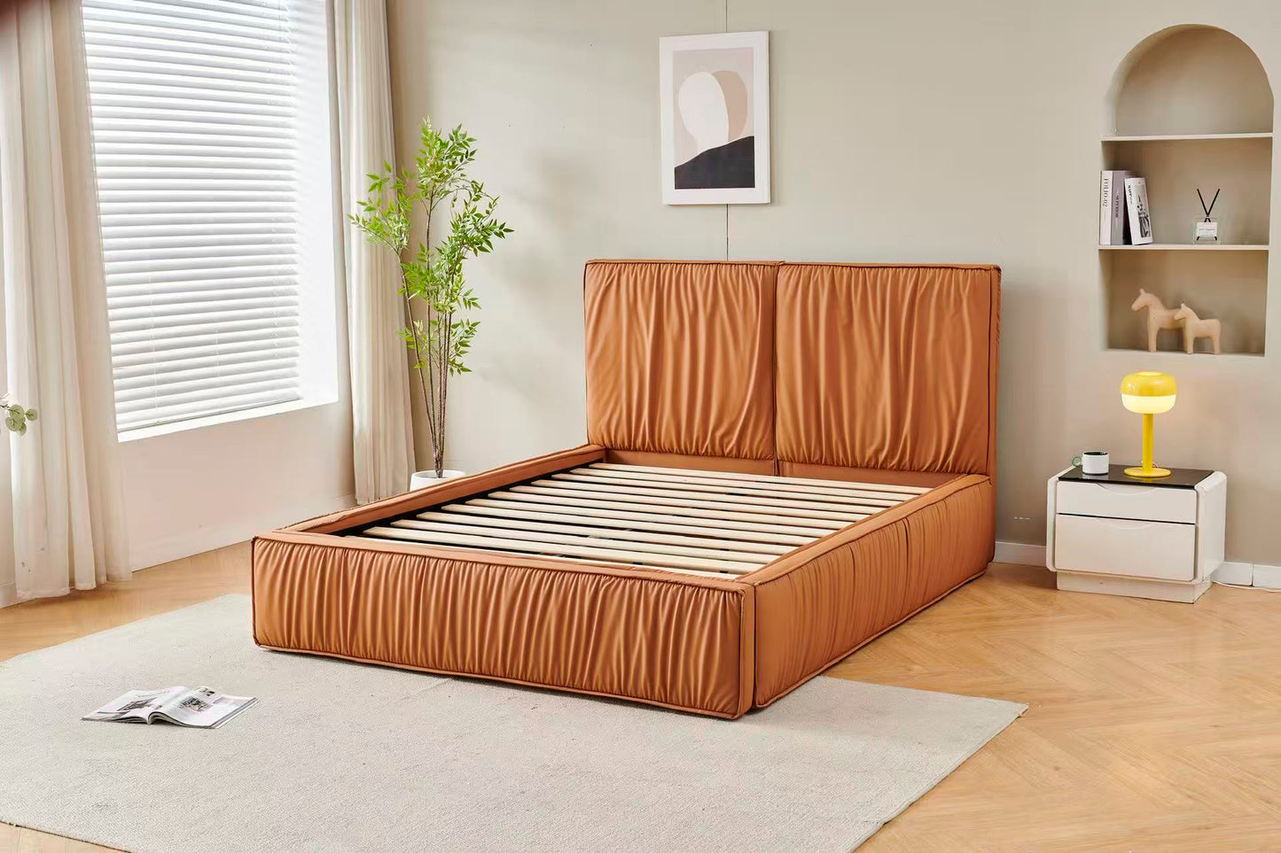 Orange Tiffany Upholstered  Pleat Bed Frame